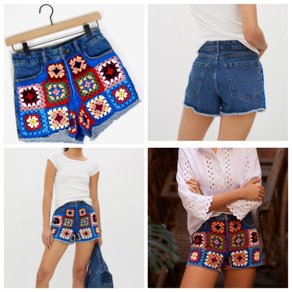 FARM Rio Blue Denim Crochet Patchwork Shorts